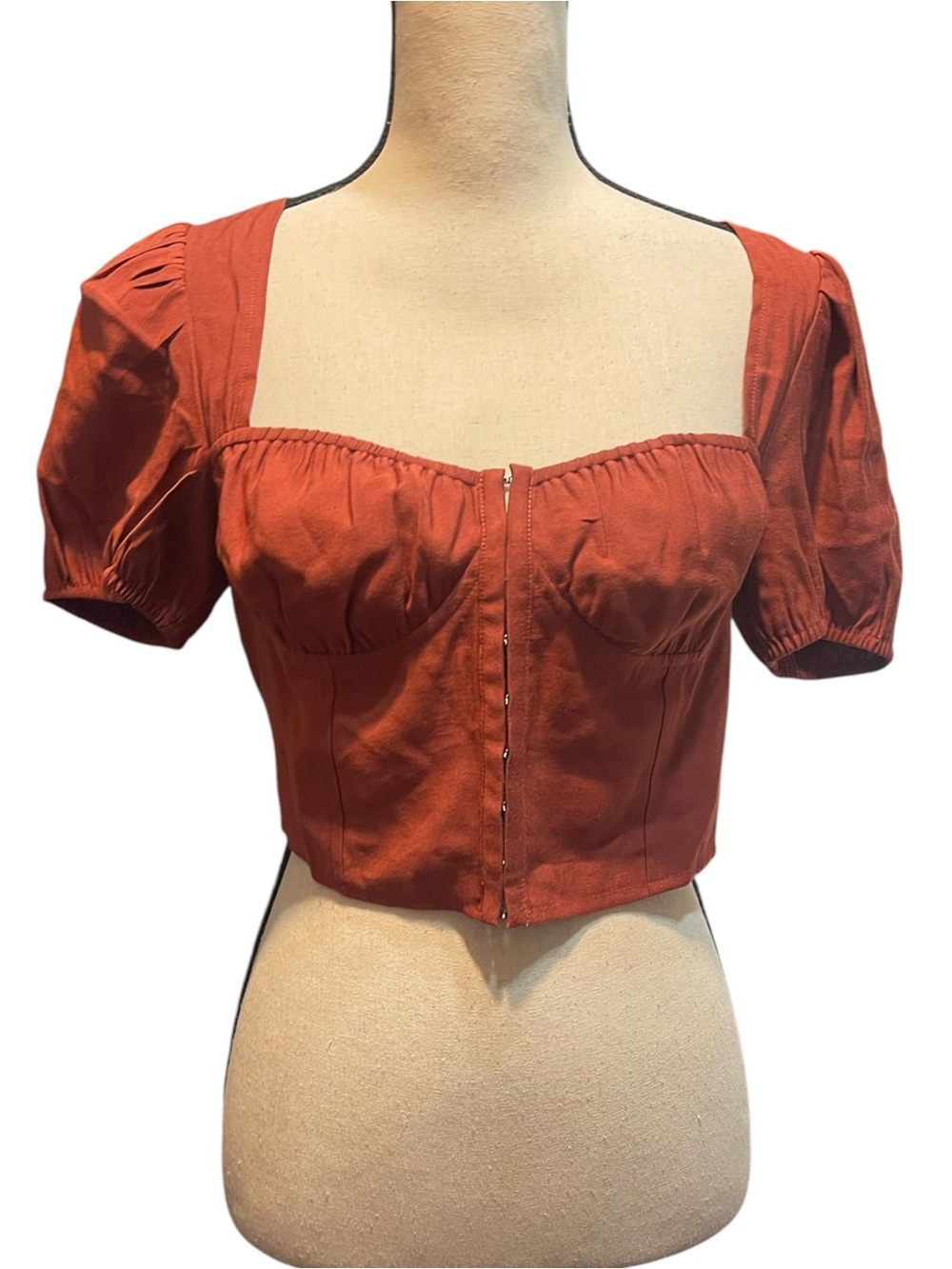J.O.A Rust Short Sleeve Structured Sweetheart Neck Crop Top Hippie Boho Summer M